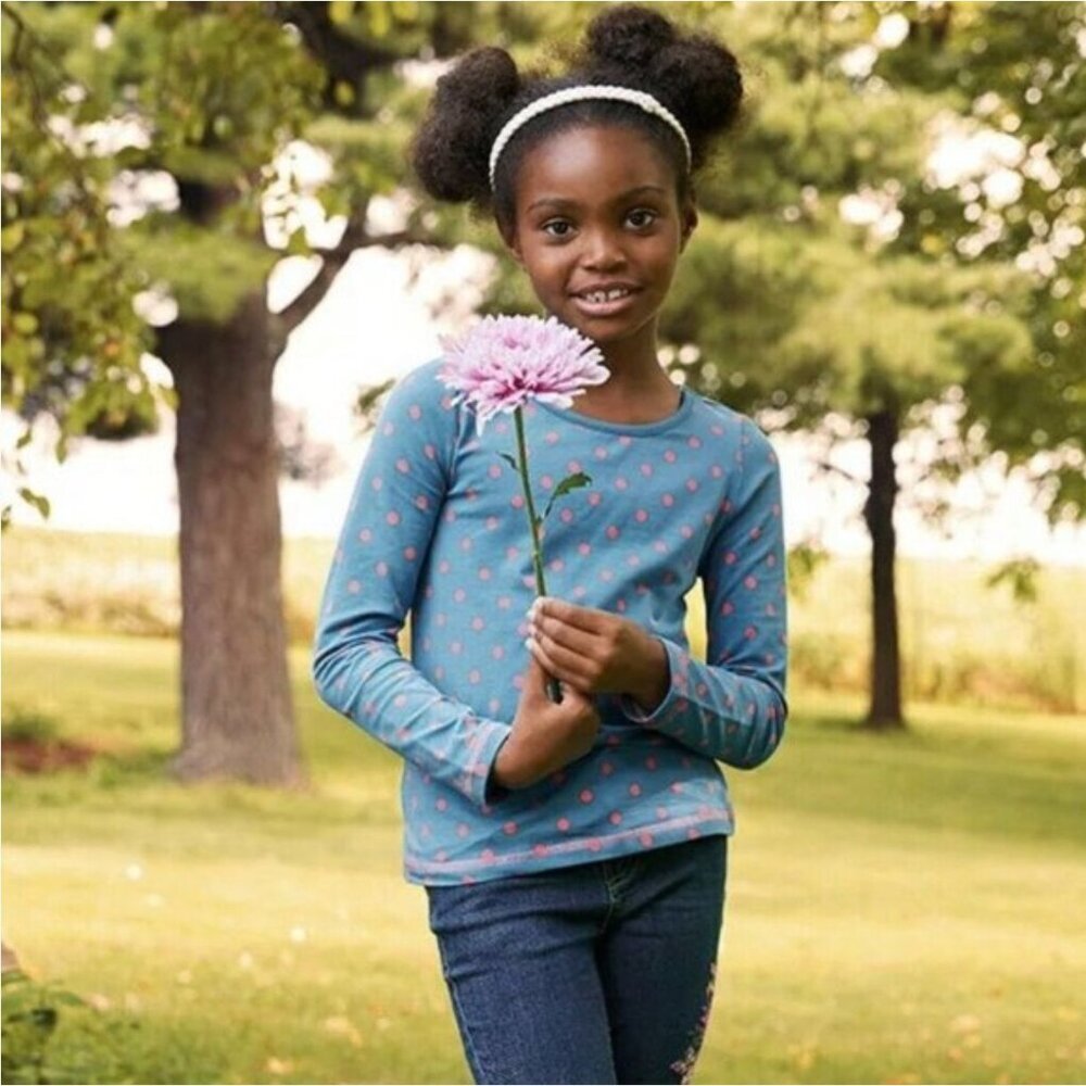 Matilda Jane Top Girls Size 4 Brisk Days Long Sleeve Blue Pink Polka Dot Excelle